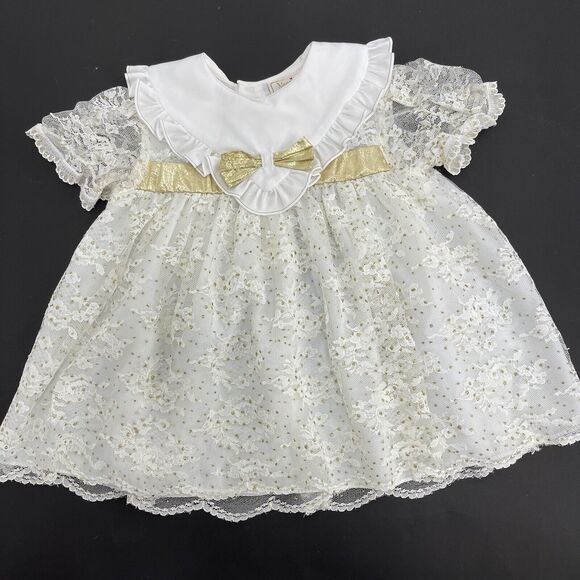 Vintage Nana’s Pet Designer Lace Ivory Gold Satin Dress 12 Months Wedding Lovely - Picture 1 of 9